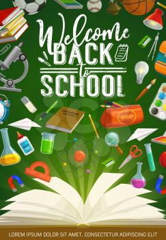 Welcome back to school grunge calligraphy and stationery tools. Vector microscope and glue, light and lamp, chemical and physics flasks, compass divider and magnet. Pencil case, watercolor paintings