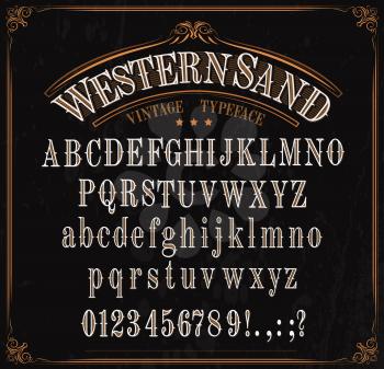 Western font letters. Vector vintage typeface in retro vignette frame. English ABC, uppercase and lowercase alphabet, numbers and punctuation marks, signs, special symbols. Wild west letters design