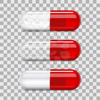 Pill capsule, 3d realistic mockup template, transparent empty and with granules medicament. Vector isolated red capsule pill, vitamin, medicine and dietary supplement pharmaceutical package template