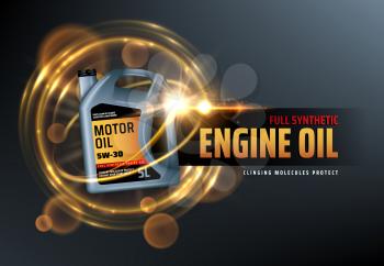 Canister of engine motor oil, full synthetic clinging molecules protection. Vector vehicle engine lubricant oil change logo with blurred golden bubbles. Promotion and advertisement of car oils