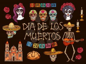 Mexican Dia de Muertos holiday sketches. Day of the Dead skulls, skeleton and Catrina Calavera, sombrero, guitar and rose flowers, candles, sweet bun and church vector symbols, Mexico Halloween design