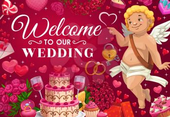 Welcome to our wedding invitation. Vector cupid and holiday cake, flower bouquets and engagement ring with diamond. Letter with greetings, hearts symbols of love, lollipop and angel, presents gifts