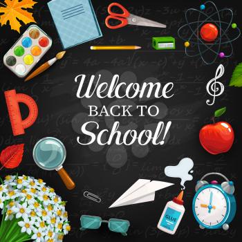 Welcome back to school written on blackboard with maths formulas and equations. Vector stationery items, scissors and exercise book, physics, molecules and atoms model. Flower bouquet, time to study