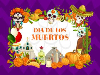 Mexican Day of Dead or Dia de los Muertos holiday fiesta. Vector Dia de los Muertos traditional celebration symbols of calavera skull in sombrero with floral patter painting and marigold flowers