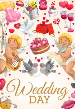 Wedding day greeting card, symbols of love and passion. Vector cupids writing letter and playing harp, couple of doves and holiday cake. Marriage and engagement, save the date items, heart and flowers