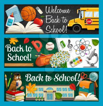 Back to school inscriptions on blackboard and stationery items. Vector bus and open book, glue and basketball ball. Pencil case, flower bouquet, building and backpack, magnifier and scissors, owl bird