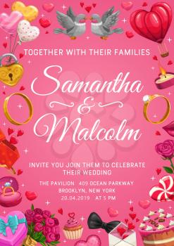 Wedding party bride and groom names calligraphy, Save the date. Vector marriage ceremony invitation, engagement symbols frame, couple of doves, air balloon, burning candle, padlock, love and hearts