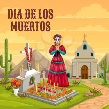 Dia de los Muertos Mexican traditional holiday. Woman with calavera skull face in Mexican dress, pray hands at church cemetery graveyard with flowers and candles at cross tomb