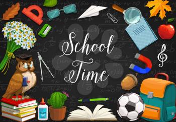 Back to School education, chalk blackboard with algebra mathematic formula. Vector school time season poster, paper plena, student supplies and study items in backpack, owl in graduate cap