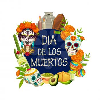 Dia de los Muertos calavera skull painting on woman head, Mexican Day of Dead holiday. Vector traditional Dia de los Muertos fiesta maracas, tequila with lime and cactus in marigold flowers