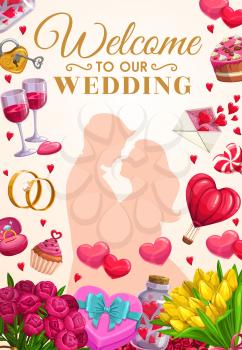 Welcome to our wedding invitation card, bride and groom, frame marriage accessories. Vector tulips and peonies bouquets, air balloon romantic transport and cupcake. Wine glasses and gifts, lollipop