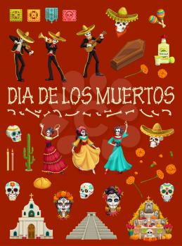Day of the Dead festival dancing skeletons and skulls. Dia de los Muertos Mexican holiday religious symbols, bones, sombrero hat and cemetery, grave, marigold flower and candle, coffin and flags
