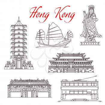 Hong Kong travel landmarks, architecture and famous sightseeing symbols. Vector Mazu sea goddess or Tin Hau Temple, Po Lin and Buddha Monastery pagoda, Junk ship and double-decker tram
