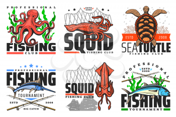 Fish and underwater animal icons, fishing club badges. Vector fisher tournament, sea and ocean big catch trophy octopus, turtle or squid, marlin and tuna with fishing rod, net and lure tackles