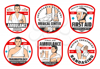 Traumatology first aid medical center and orthopedics ambulance icons. Vector surgery clinic or injury and wound medical assistance service for trauma emergency surgery and bandaging