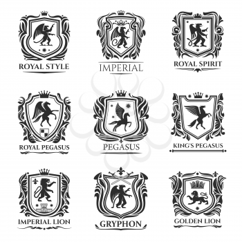 Heraldic animals icons. Medieval vector shield emblems of horse, lion and Pegasus with wings. Heraldry coat of arms, gryphon or griffin eagle bird and lion, imperial crown and heraldic fleur de lis