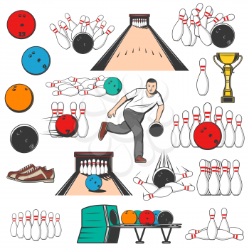 Bowling game equipment pins and ball icons. Vector bowling tournament, professional player, shoes, game alley lane and skittles in strike, entertainment sport and hobby