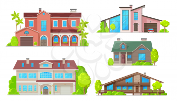 Houses and residential home buildings, reals estate icons. Vector exterior facades architecture of family homes, cottage houses or mansion apartments and villa, urban property with terraces