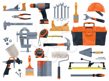 Work tools icons, repair and house renovation instruments. Vector construction and remodeling DIY tools, carpentry plane, spanner wrench, paint sprayer and stucco spatula, rulers, drill and vise