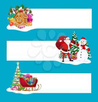 Christmas banners vector design with Xmas gifts, Santa and copy space. New Year winter holiday presents, Claus and snowman, Christmas tree, sleigh and gingerbread house, candies, balls and lights