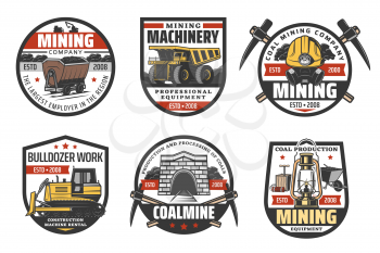 Coal mining industry and miner company vector icons. Mining equipment, bulldozer digger machinery, pickaxe or spade and coal wheelbarrow cart, miner safety helmet, trolley and dynamite