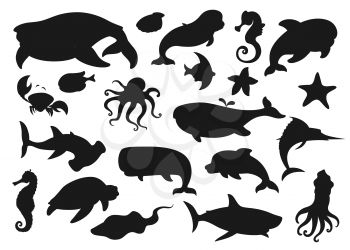 Sea animals, fish and underwater world silhouette icons. Vector whale with dolphin or octopus and squid, marlin and killer whale, marine aquatic creatures, stingray and shark, seahorse and starfish