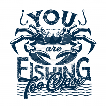Crab t-shirt print template. Vector marine crustacean animal, sea fishing or ocean fisher catch, fishery sea food underwater, blue waves grunge t-shirt print