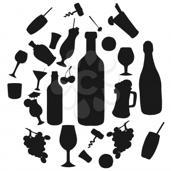 Wine alcohol drinks and cocktails silhouette isolated icons. Vector wine or champagne bottle, beer pint and corkscrew, vodka with fruit liquor and bar beverages in glasses with drinking straw