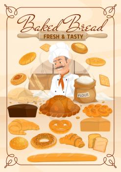 Bakery shop. Bread, baked desserts, cakes and vector pastry cookies. Baker man in chef hat, dough and flour, patisserie cakes, croissants and wheat bagel with rye loaf, buns and donuts