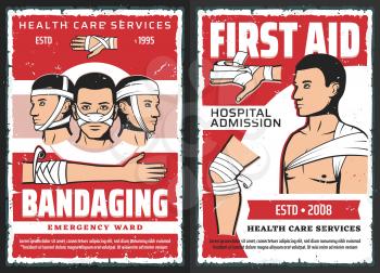 Traumatology first aid, medical assistance center and hospital admission, vector. Orthopedics ambulance, trauma and ligament sprain surgery and bandaging emergency ward