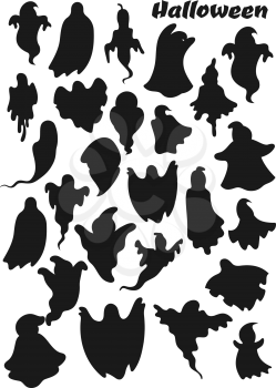 Halloween ghosts, treat or treat party spooky monsters. Vector silhouette icons of Halloween holiday cartoon ghosts flying, scary poltergeist or shadow ghoul of horror night