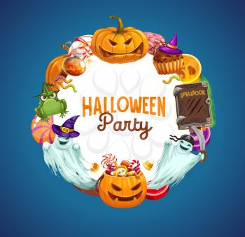 Halloween horror pumpkins, ghosts and trick or treat candies, witch hat, potion and pirate bandana, chocolate, jellies and pumpkin cake, gummy worms and spellbook vector frame. Halloween night party