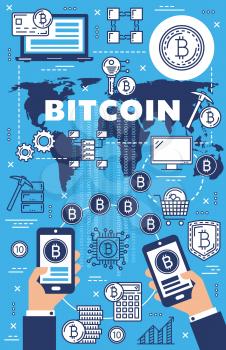Bitcoin cryptocurrency, exchange and virtual payment technology. Vector mining business and cryptocurrency blockchain network, digital wallet and online bitcoin transaction