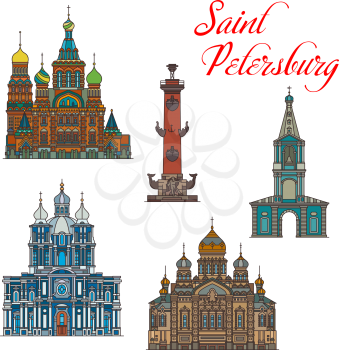 Saint Petersburg architecture, Russia famous landmark buildings icons. Vector Dormition of Holy Mother of God, Saint Sampson and Smolny cathedral, Rostral Column and Savior on Spilled Blood Church