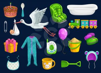 Baby care item icons of baby shower vector design. Toys, bib and milk cup, spoon, pin and stork, balloon, socks and bath, pyjama, car seat and baby monitor, gift box, cake and hat, sand pail, shovel