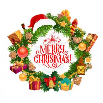 Christmas wreath, congratulation and wishes. Vector Xmas tree branches and Santa hat, firework and gift box, lantern and jingle bell, gingerbread cookies. Winter holiday decor, feast celebration