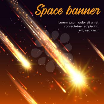 Space vector banner of meteor shower, shooting stars and falling comets or asteroids with bright yellow meteorite fireballs, glowing fire trails and orange sparkles. Galaxy, universe and astronomy