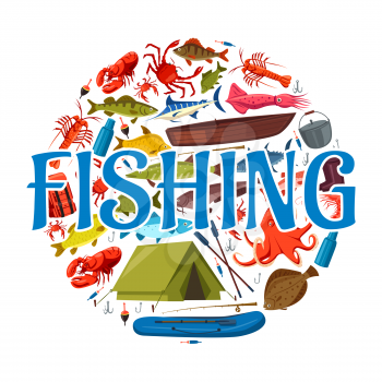 Fishing sport icon with circle of fish, seafood, fisherman equipment and tackle. Vector fishing boat, rods and hooks, blue marlin, salmon and crab, lure, bait and tent, octopus and squid round symbol