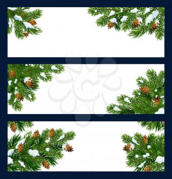 Christmas tree vector banners with green branches, snow and pinecones. Forest pine, fir and spruce trees cards with copy space for Xmas and New Year winter holidays greeting wishes