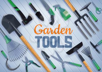 Garden and farm tools of agriculture and horticulture vector design. Shovel, fork and rake, pitchfork, spade and axe, scissors, hoe and water spray bottle, sickle and saw on wooden fence background