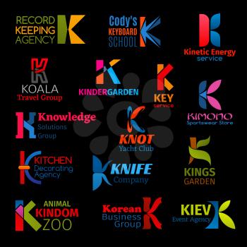 K letter icons of travel agency, yacht sport club or sportswear store and business group. Vector corporate identity I symbols of event company or kinder garden and keyboard school