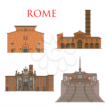 Rome travel landmarks, Italy architecture and famous sightseeing symbols. Vector Santa Maria church in Cosmedin and Aracoeli, Spanish Steps and basilica St Croce in Gerusalemme