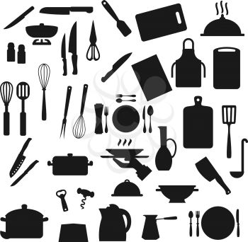 Cooking utensils, kitchen cutlery and kitchenware silhouette icons. Vector home cook utensils and cookware, saucepan ladle, cup mug, fork and knife, ladle and whisk, spoon and cooking apron