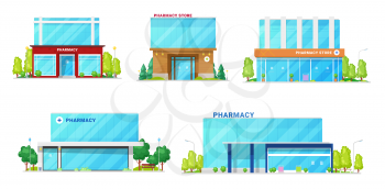 Pharmacy buildings, drug store and medical institution architecture facade icons. Vector modern pharmaceutical center or drugstore and clinic buildings with urban infrastructure, tress and entrances