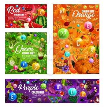 Color diet healthy food nutrition vegetables, fruits and berries, organic dietary salads and spices. Vector red, orange, green and purple color diet vitamins for detox and immune system health