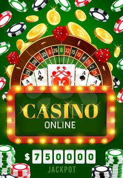 Casino poker game, roulette jackpot money win, golden coins splash. Vector online casino gambling game and wheel of fortune lucky slot machine, playing cards, chip and dice in neon sign