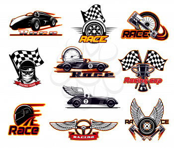Car races, fast auto motor sport icons and street racing club emblems. Vector sportcar bolid with burning fire flame and wings, speedometer and engine valve, rally drift drag races start flag