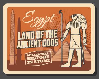 Ancient Egypt history museum and travel landmarks vintage retro poster. Vector Egypt culture tour excursions, Horus god deity, Giza and Cairo pharaoh pyramids and hieroglyphs on obelisk