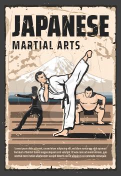 Japanese martial arts and traditional fighting culture vintage retro poster. Vector Japanese sumo wrestler, ninja, kung fu and aikido, judo and taekwondo martial arts combat fighter