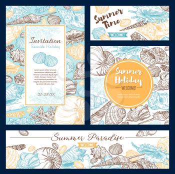 Summer vacation holidays, welcome to paradise invitation sketch and calligraphy quotes. Vector sea shells and ocean corals, holiday travel summer beach vacations journey and spa resort